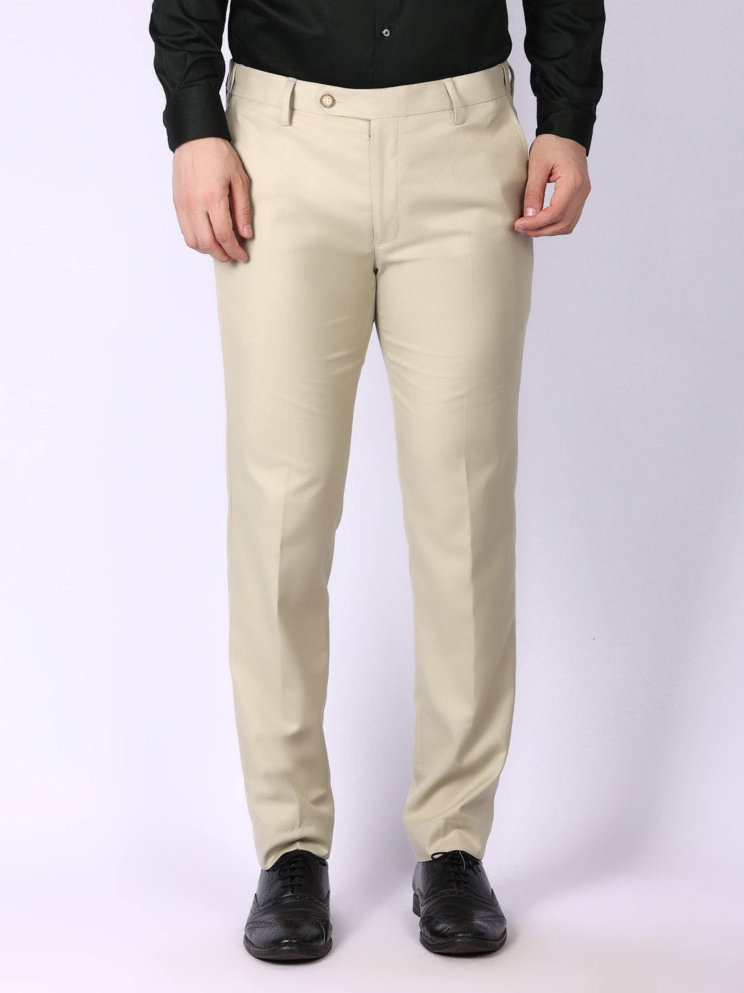 Cream solid Regular Fit Formal Trousers
