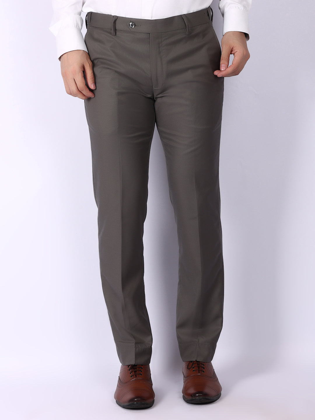 Medium Grey Solid Regular Fit Formal Trousers