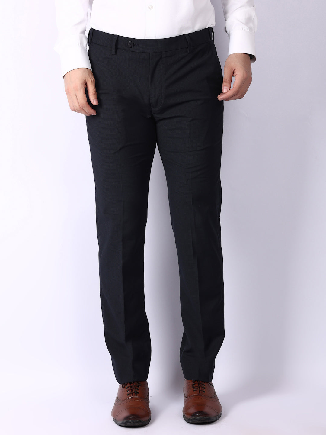 Navy Blue Checked Regular Fit Formal Trousers