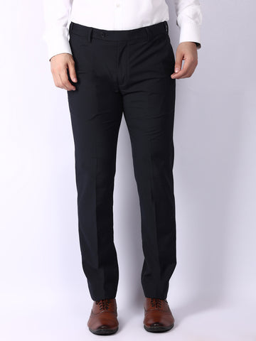 Navy Blue Checked Regular Fit Formal Trousers