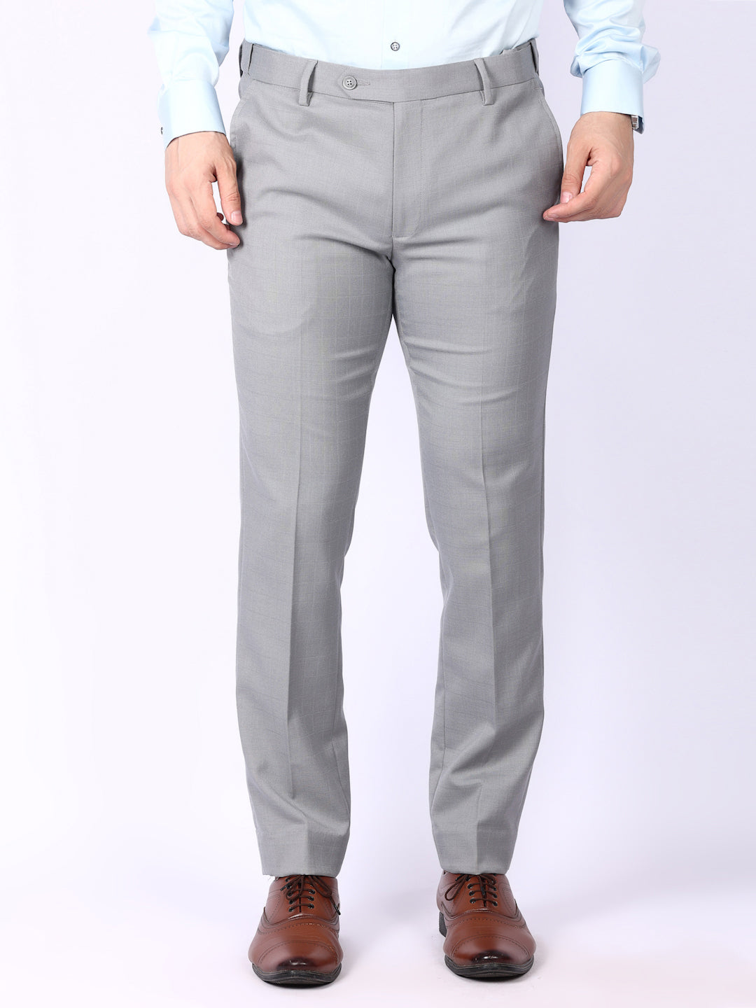 Light Grey Solid Regular Fit Formal Trousers