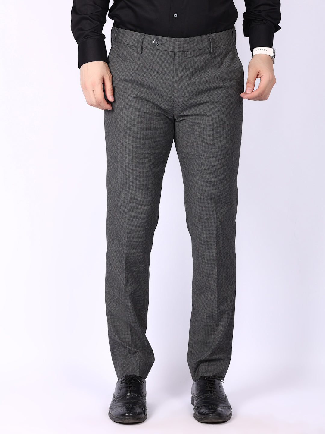 Dark Grey Solid Regular Fit Formal Trousers
