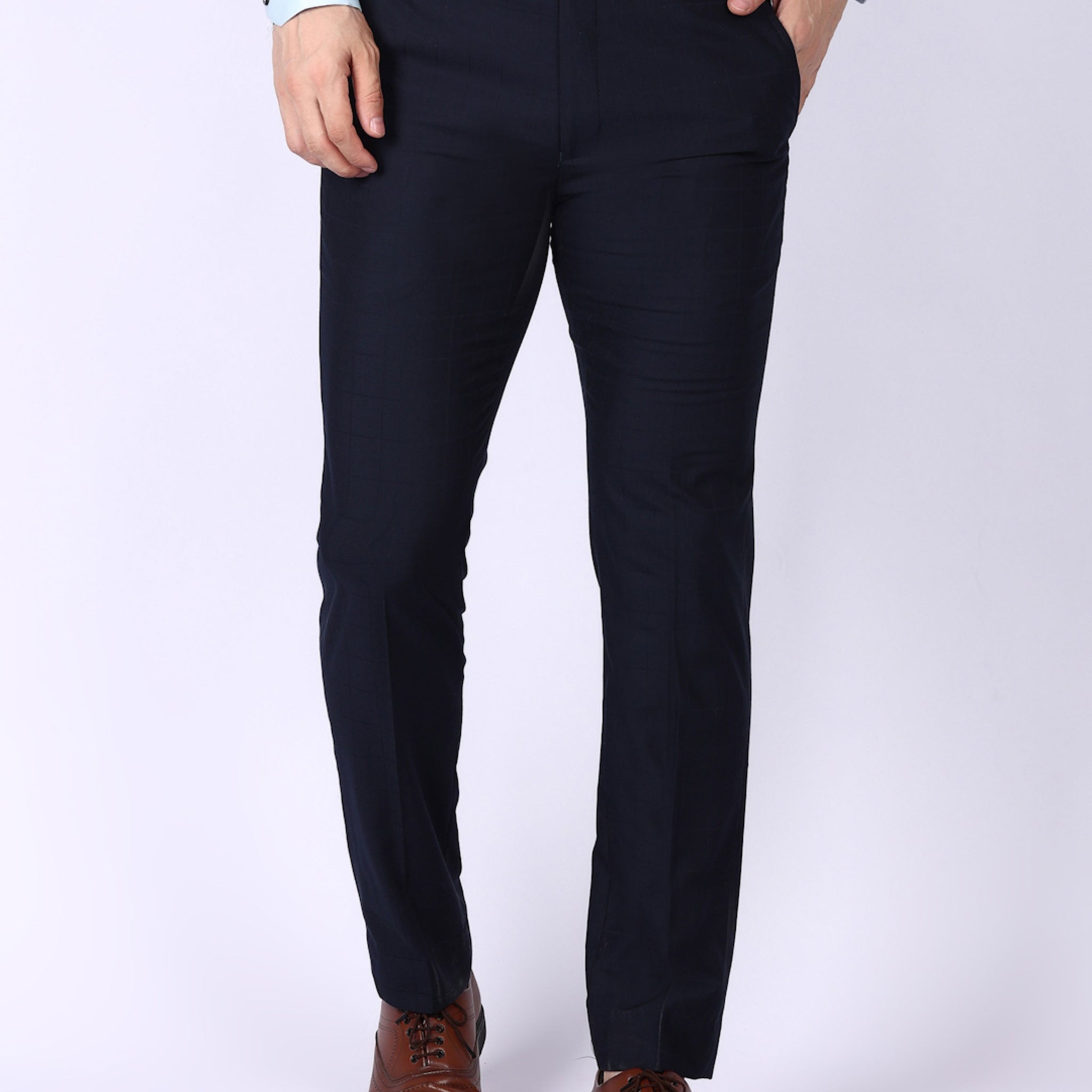 Navy Blue Checked Regular Fit Formal Trousers