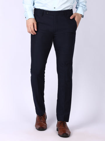 Navy Blue Checked Regular Fit Formal Trousers