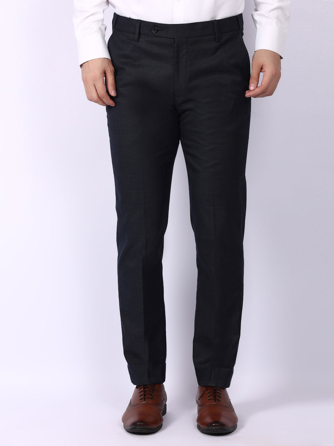 Navy Blue Solid Regular Fit Formal Trousers