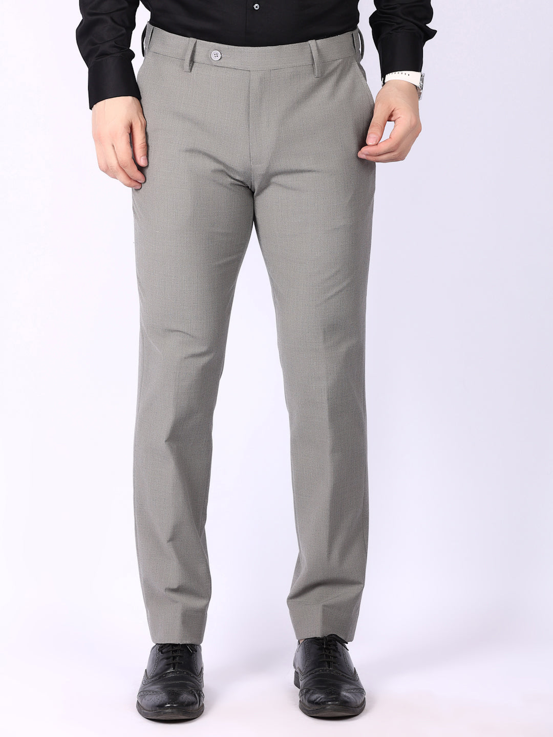 Light Grey Solid Regular Fit Formal Trousers