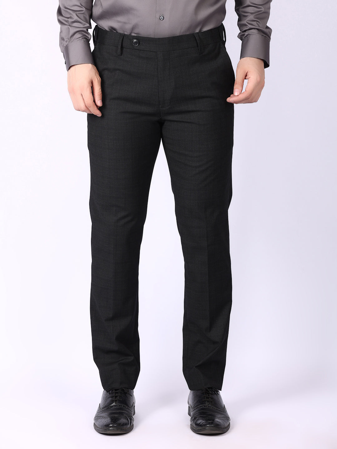 Black Checked Regular Fit Formal Trousers