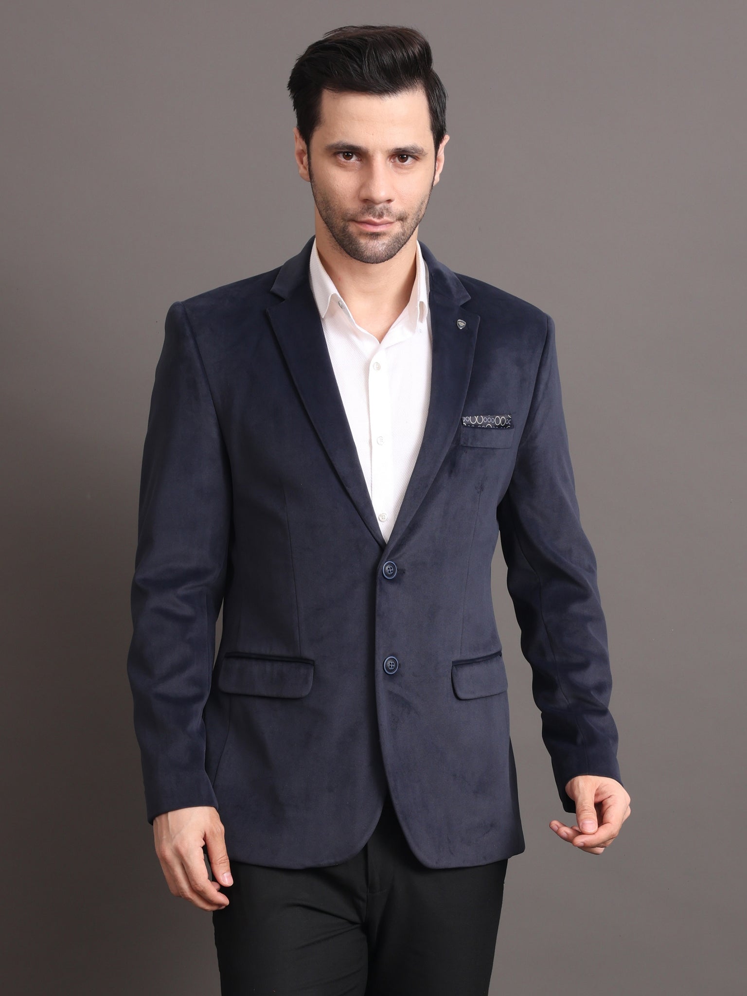 Men's Midnight Blue Velvet Tailored Fit Blazer