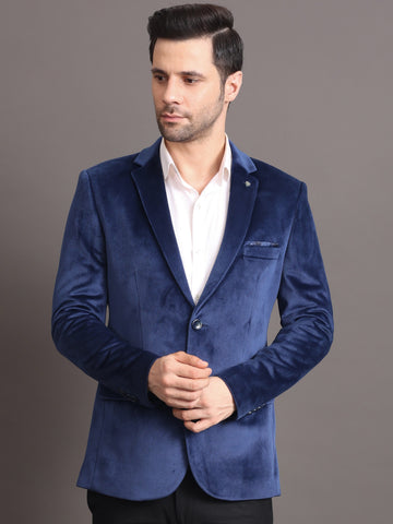 Men's Navy Blue Solid Velvet Tailored Fit Blazer
