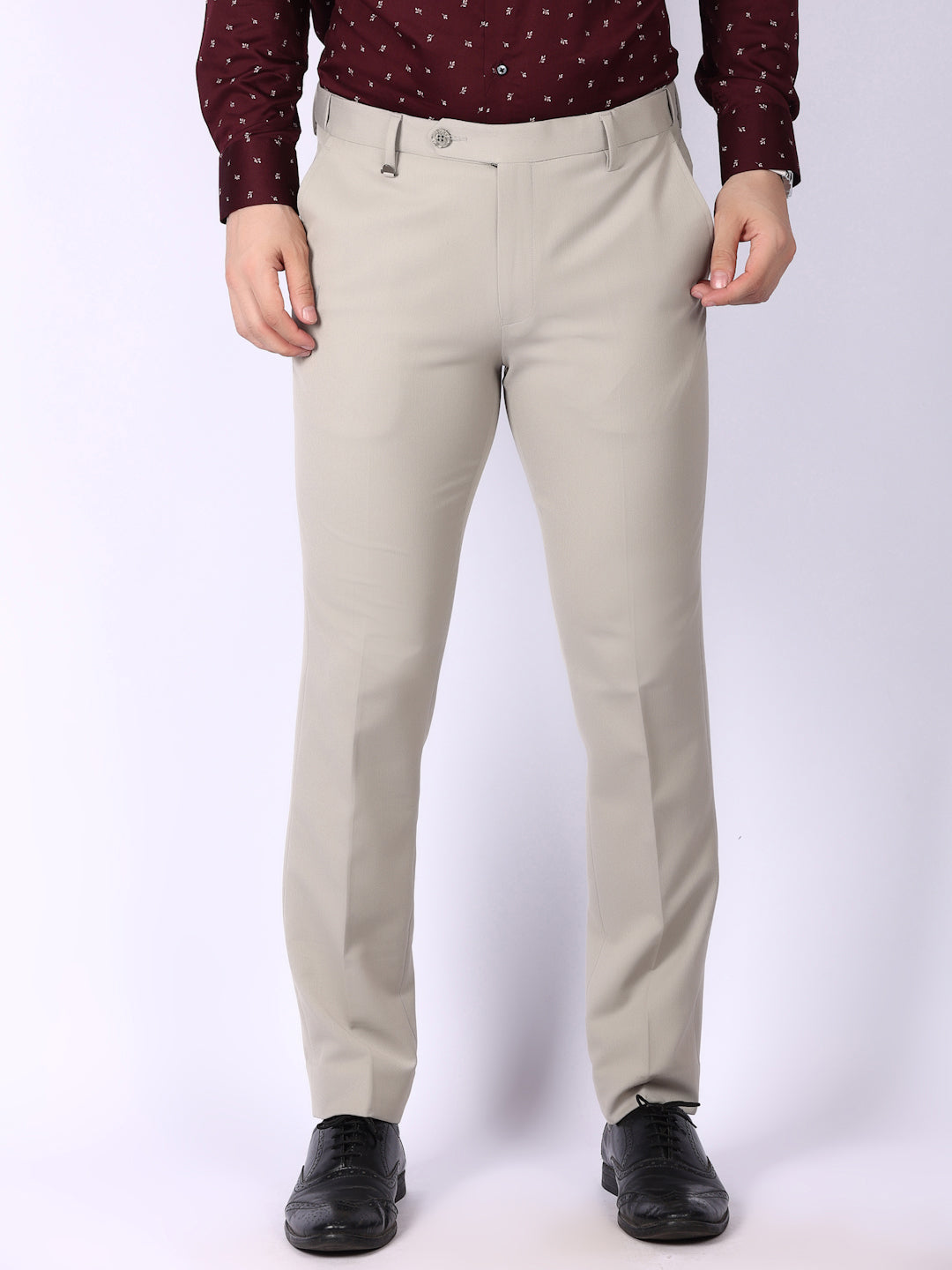 Beige Solid Regular Fit Formal Trousers