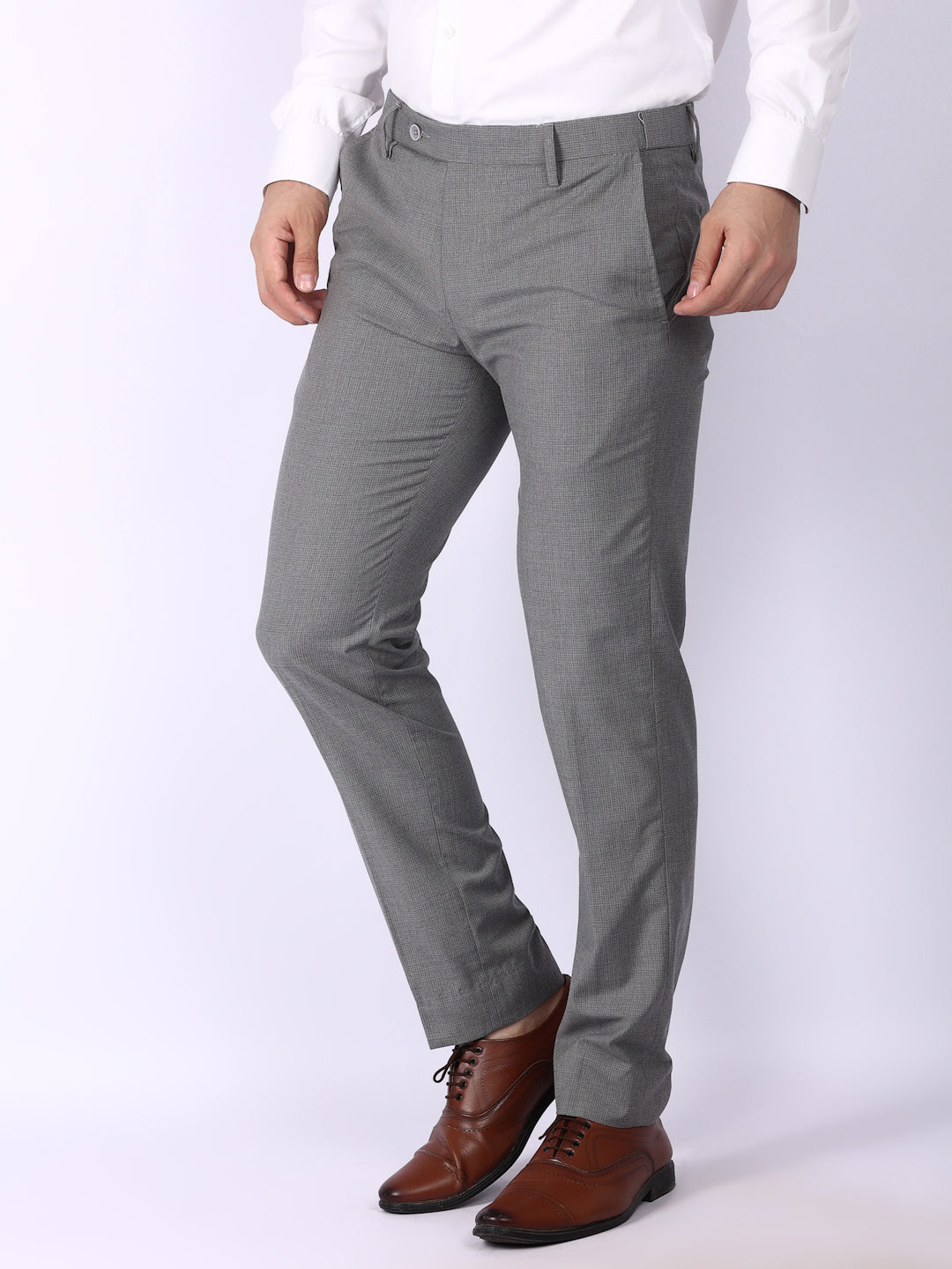 Medium Grey Checked Regular Fit Formal Trousers