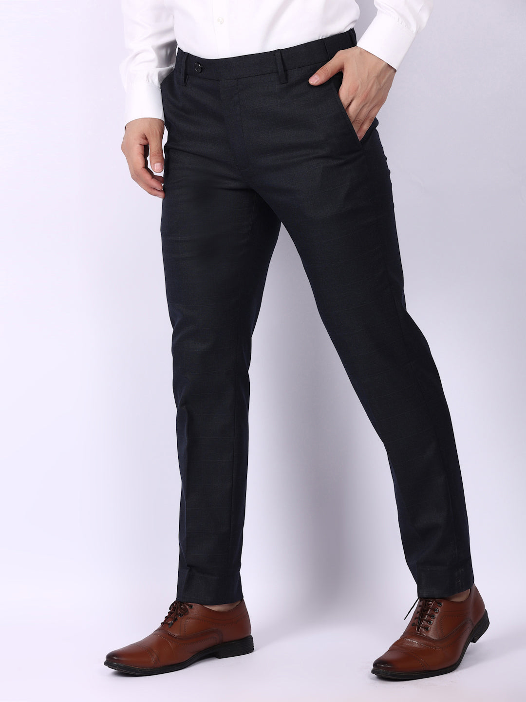 Navy Blue Checked Regular Fit Formal Trousers