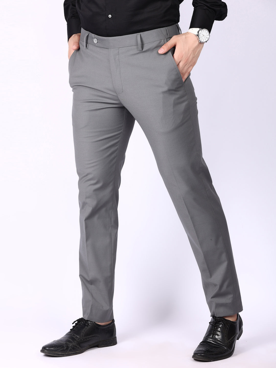 Medium Grey Solid Regular Fit Formal Trousers