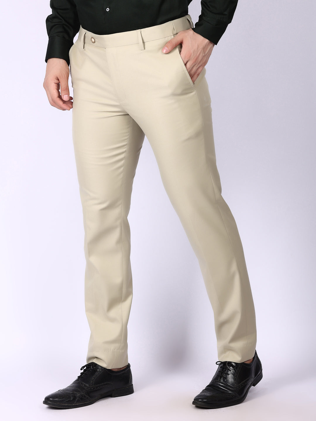 Cream solid Regular Fit Formal Trousers