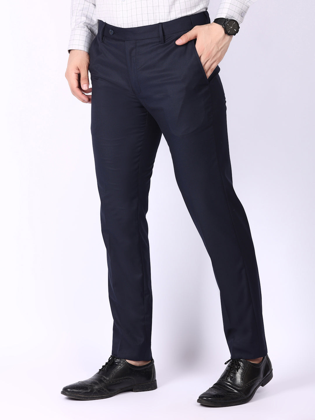 Navy Blue Solid Regular Fit Formal Trousers