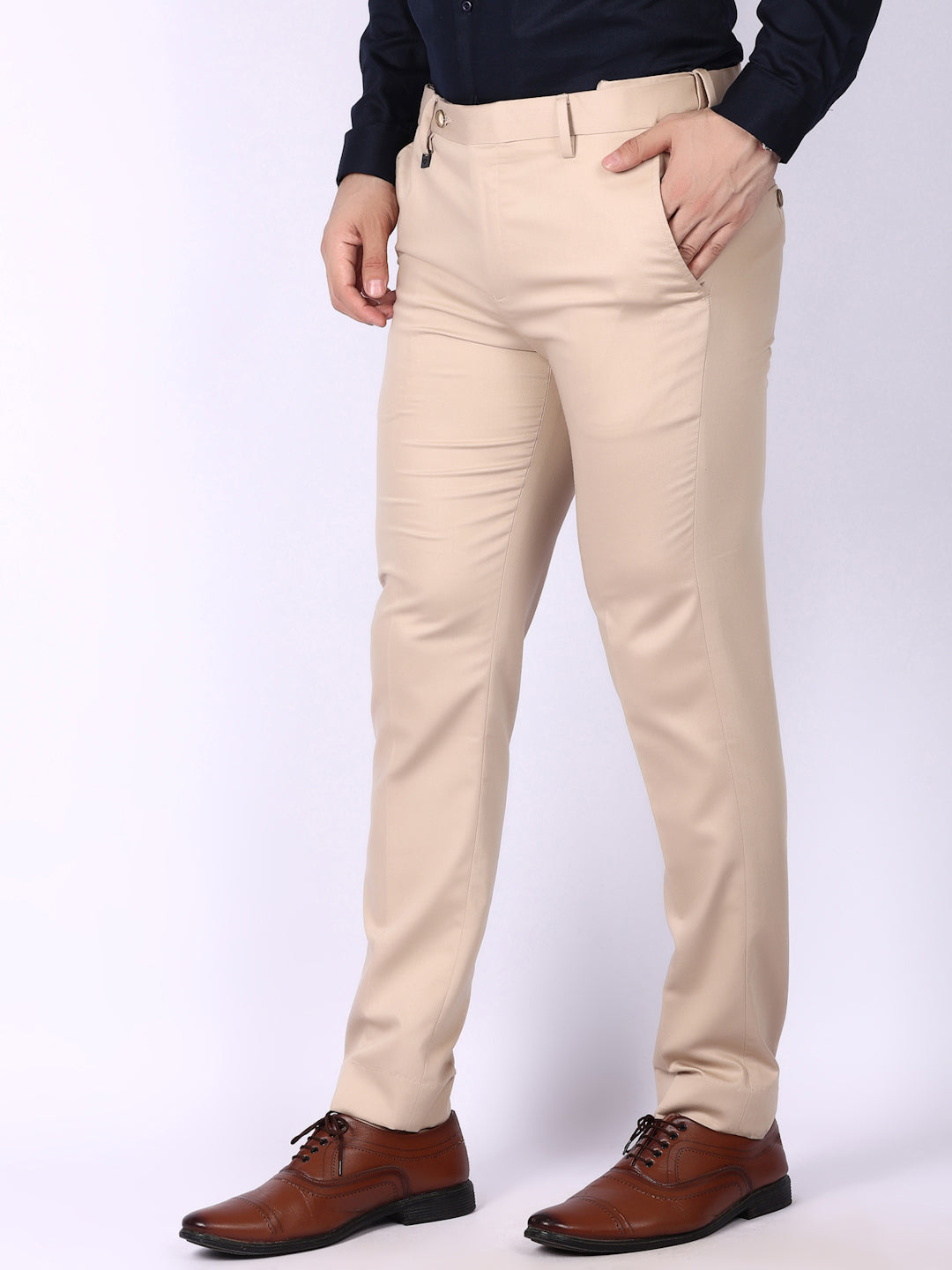 Cream Solid Regular Fit Formal Trousers