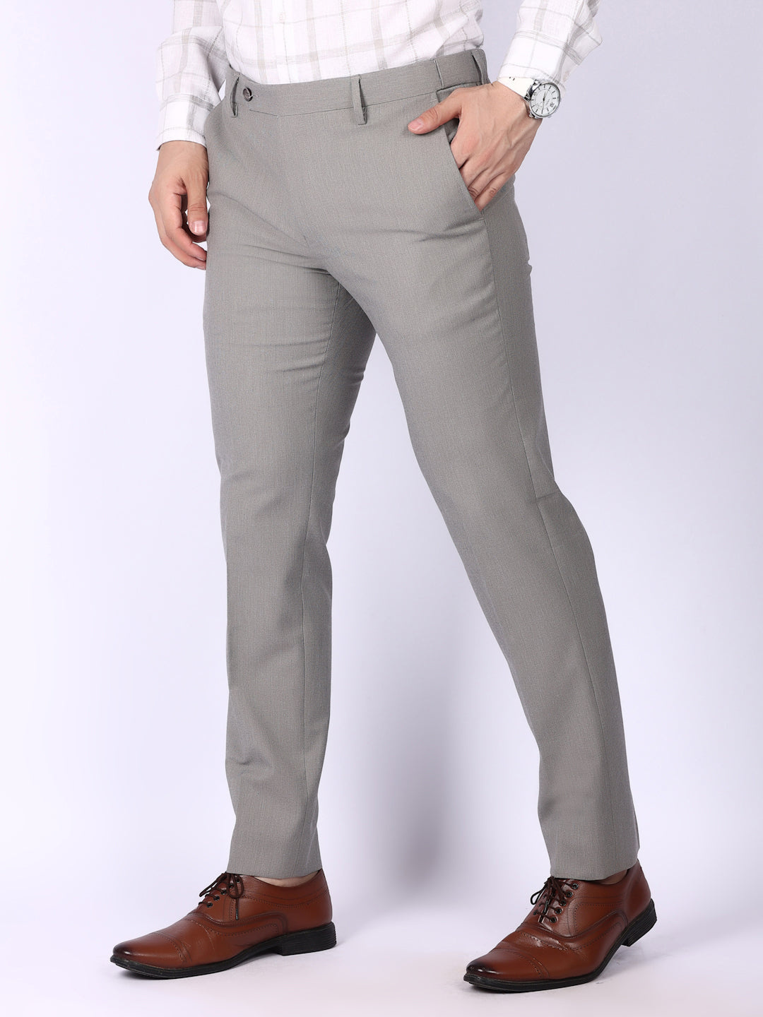 Light Grey Solid Regular Fit Formal Trousers