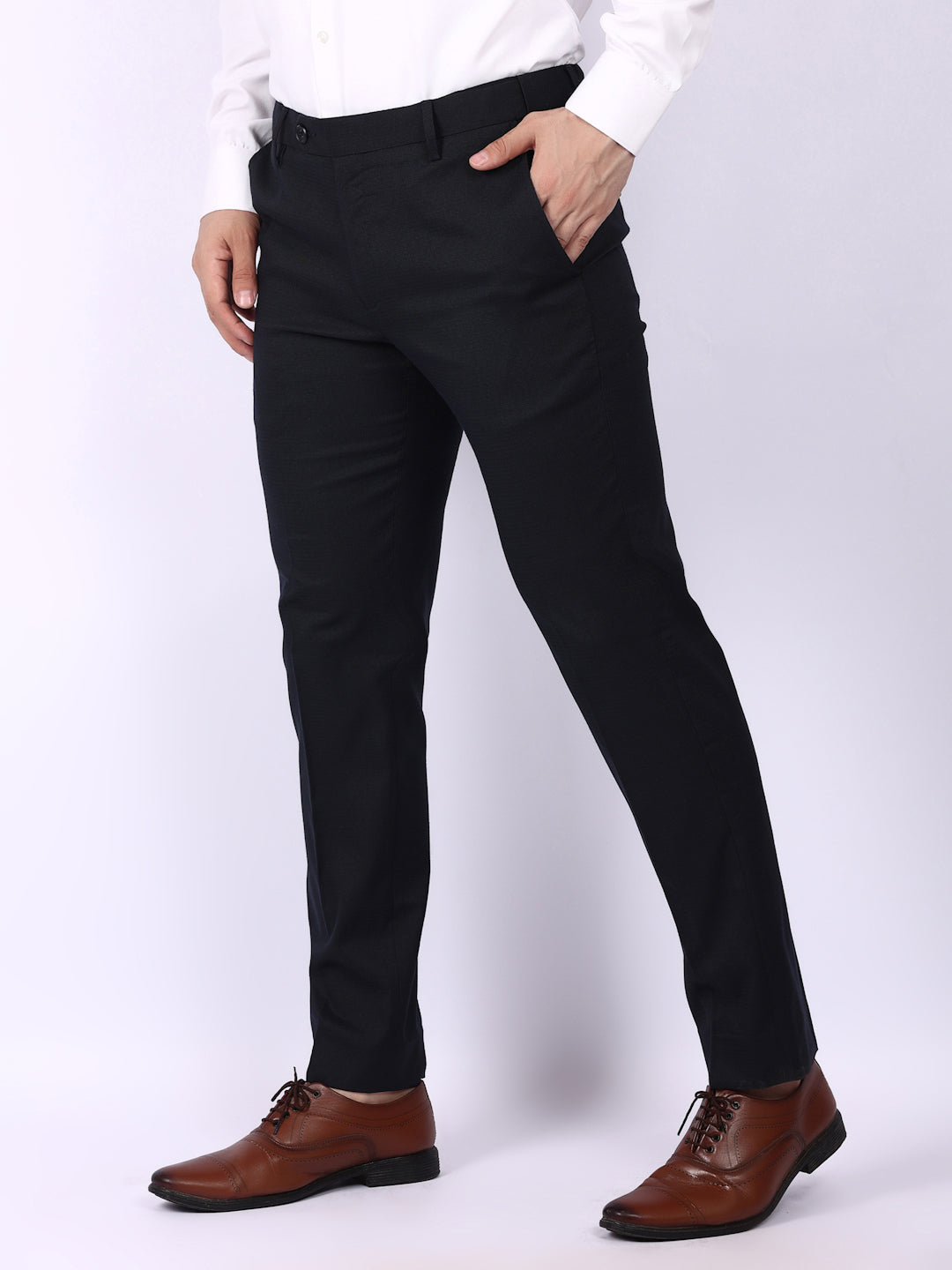 Navy Blue Solid Regular Fit Formal Trousers