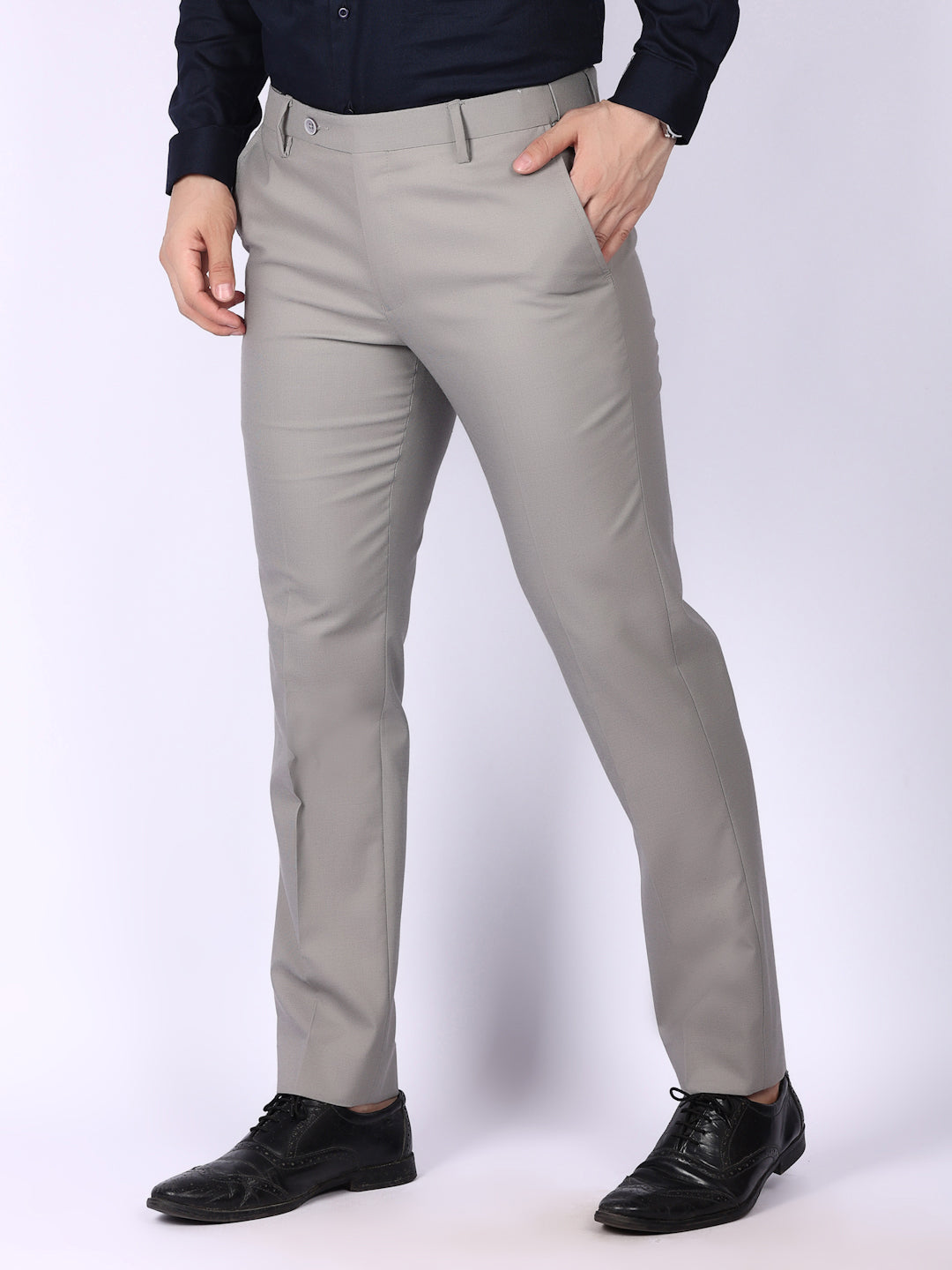 Light Grey Solid Regular Fit Formal Trousers