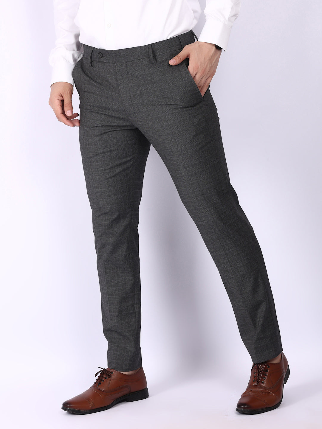 Dark Grey Checked Regular Fit Formal Trousers