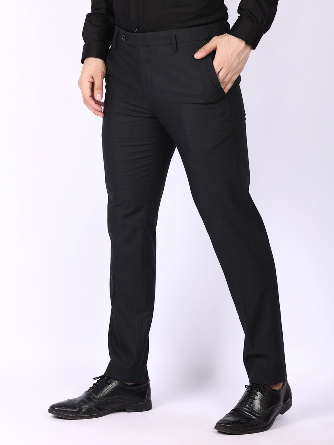 Black Checked Regular Fit Formal Trousers