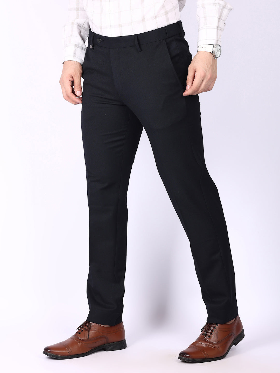 Navy Blue Solid Regular Fit Formal Trousers