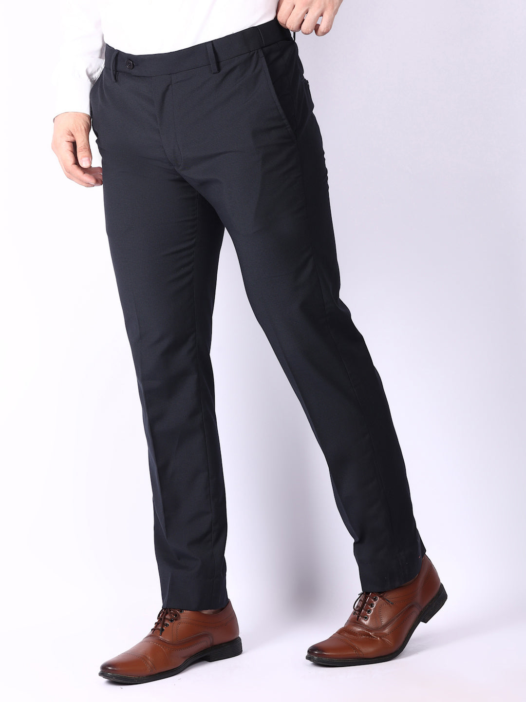 Navy Blue Checked Regular Fit Formal Trousers