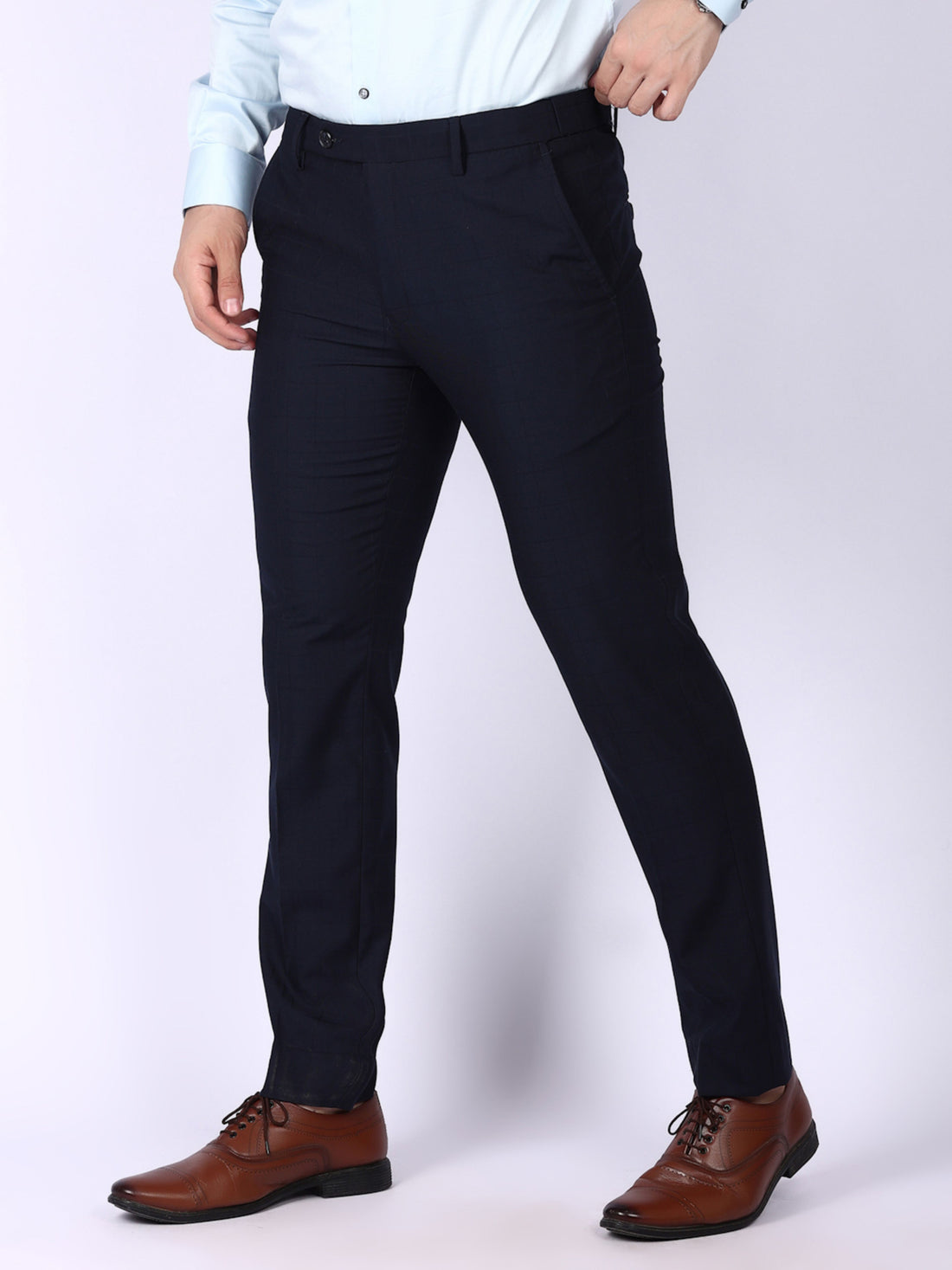 Navy Blue Checked Regular Fit Formal Trousers