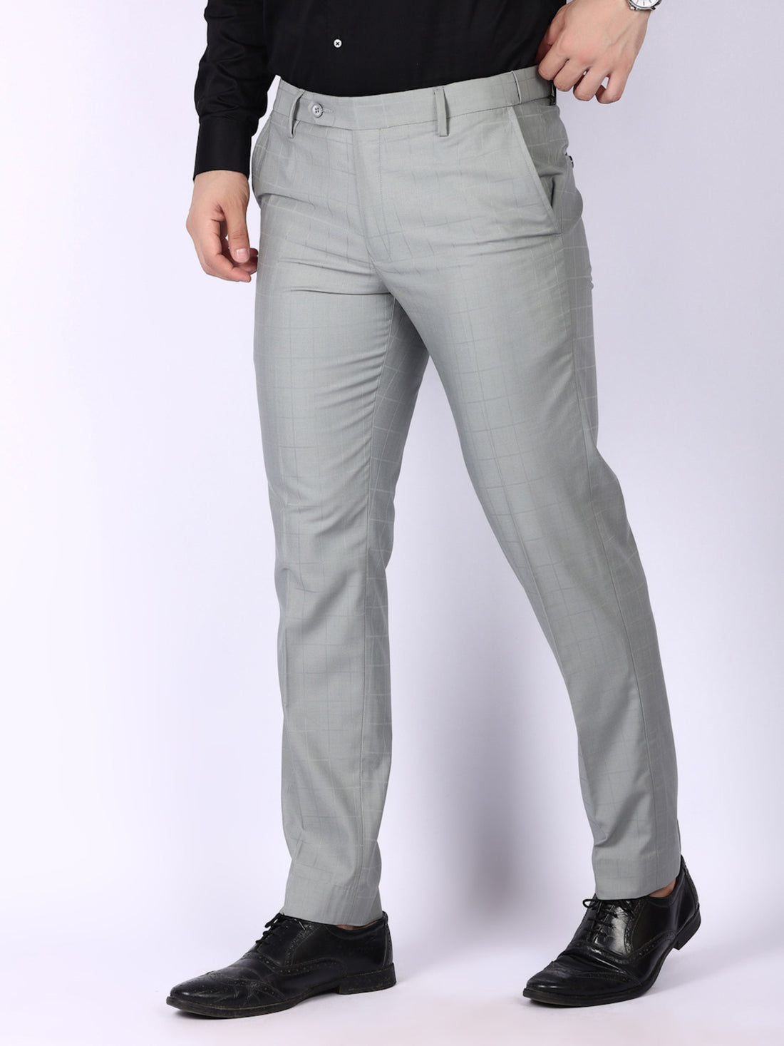 Light Grey Checked Regular Fit Formal Trousers