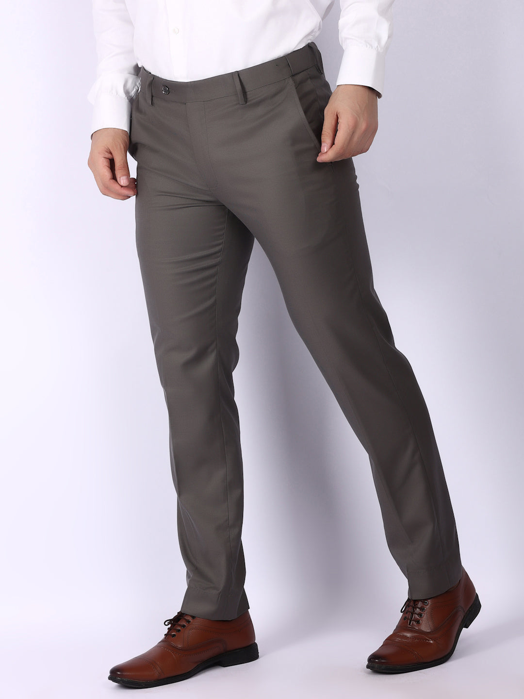 Medium Grey Solid Regular Fit Formal Trousers