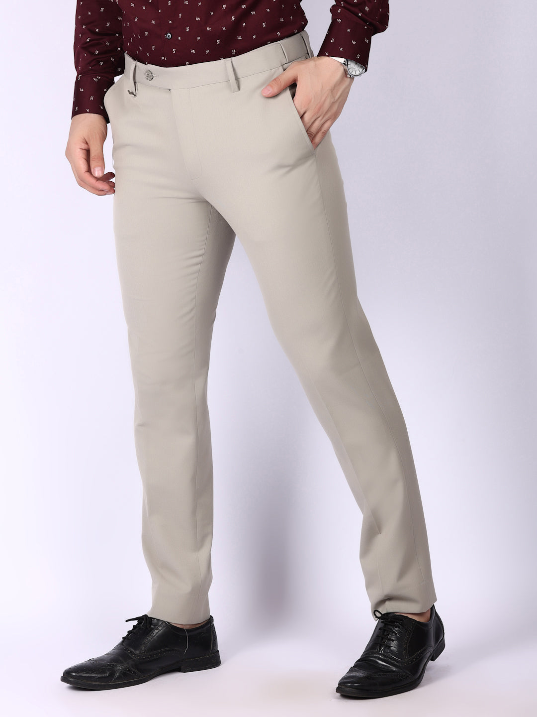 Beige Solid Regular Fit Formal Trousers