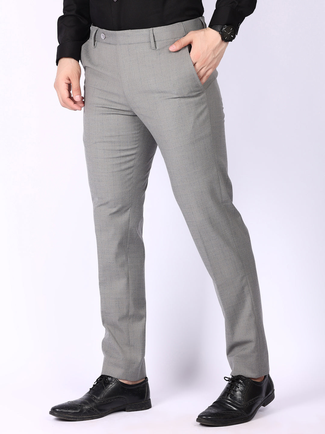 Light Grey Checked Regular Fit Formal Trousers
