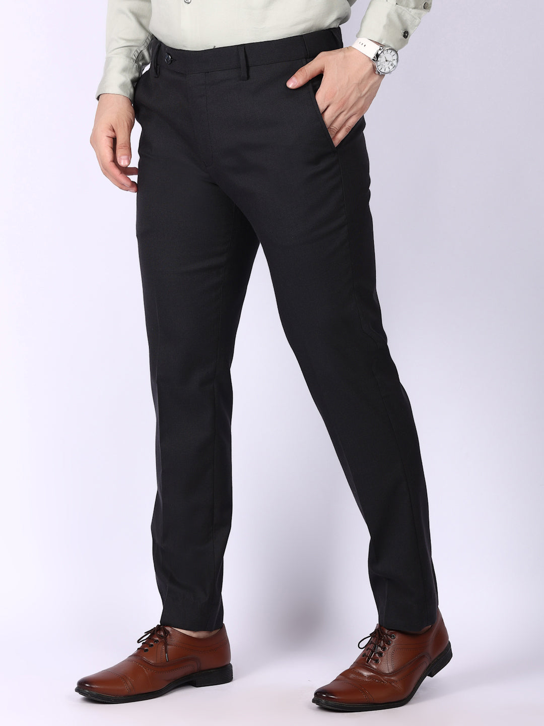 Black Solid Regular Fit Formal Trousers