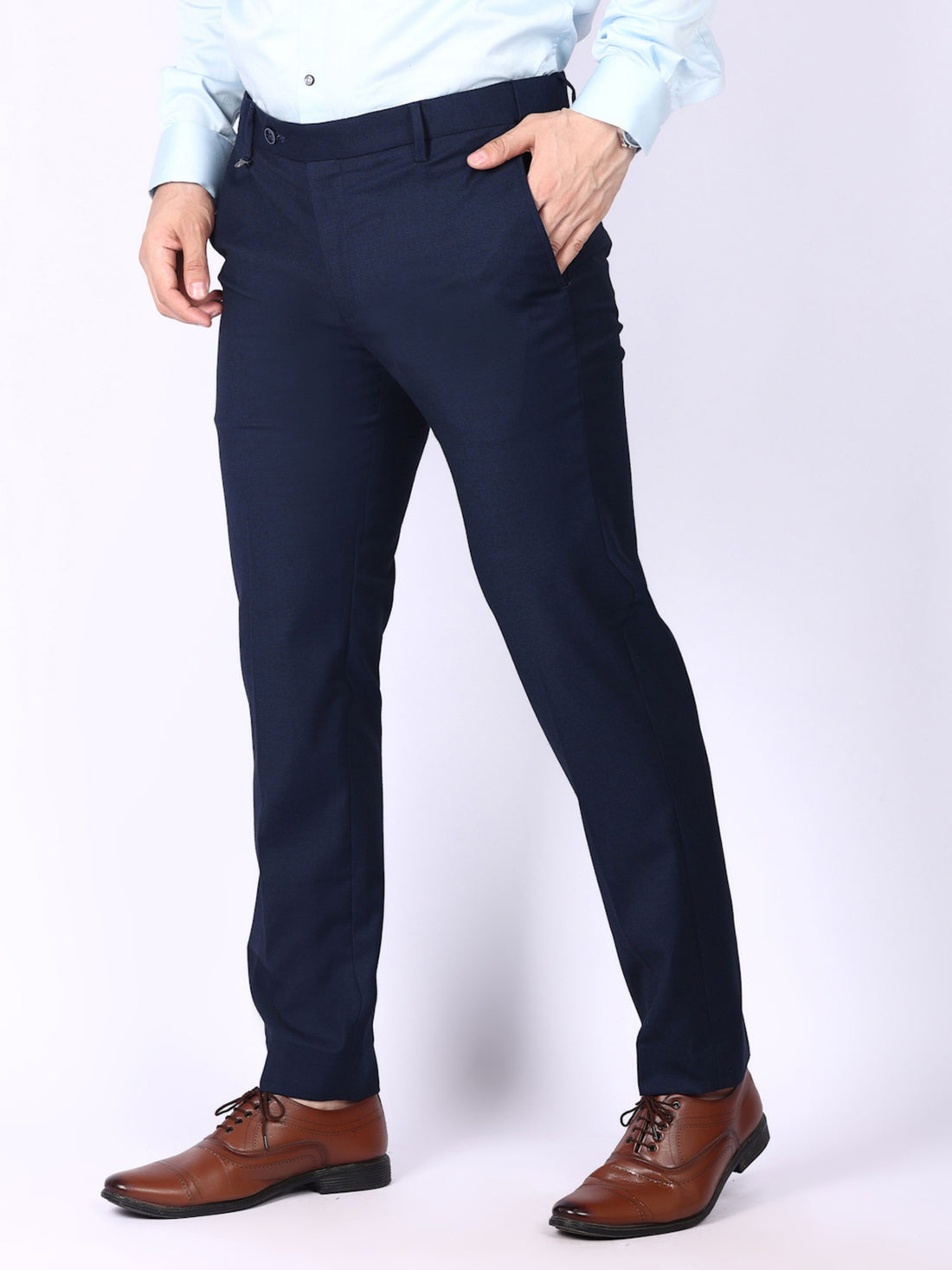 Navy Blue Solid Regular Fit Formal Trousers