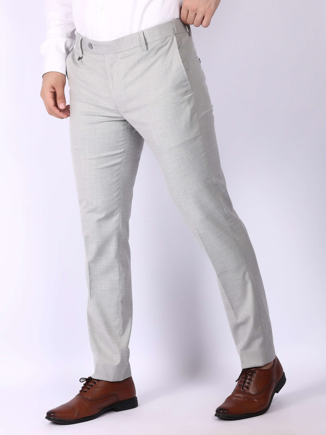Light Grey Solid Regular Fit Formal Trousers