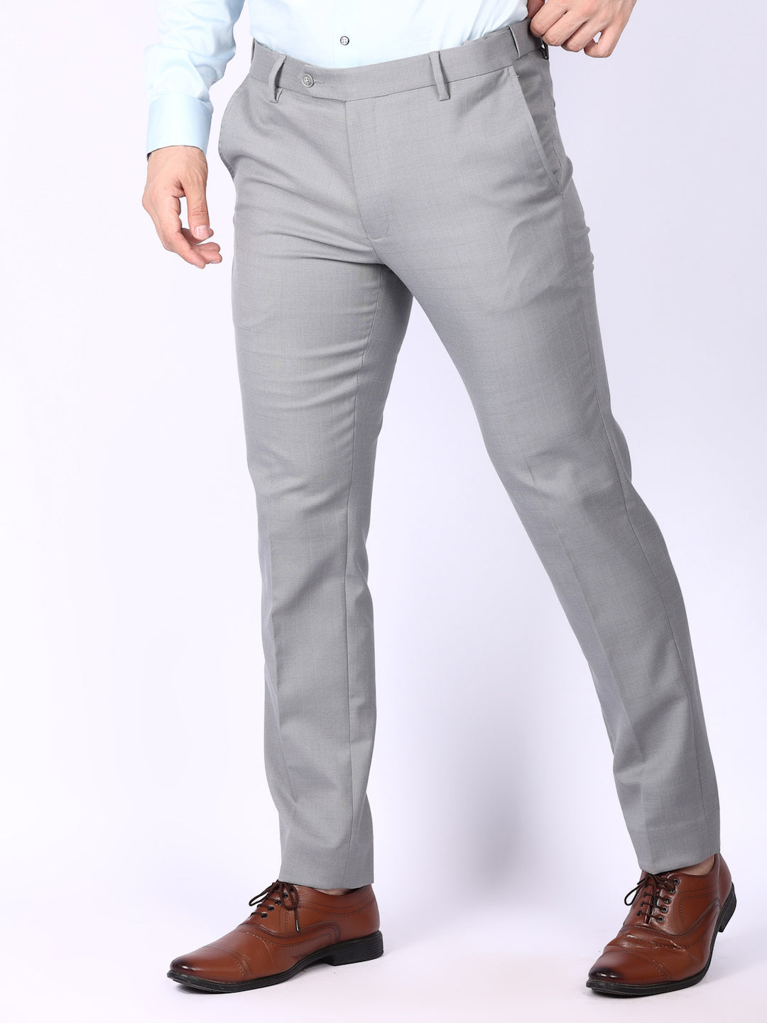 Light Grey Solid Regular Fit Formal Trousers