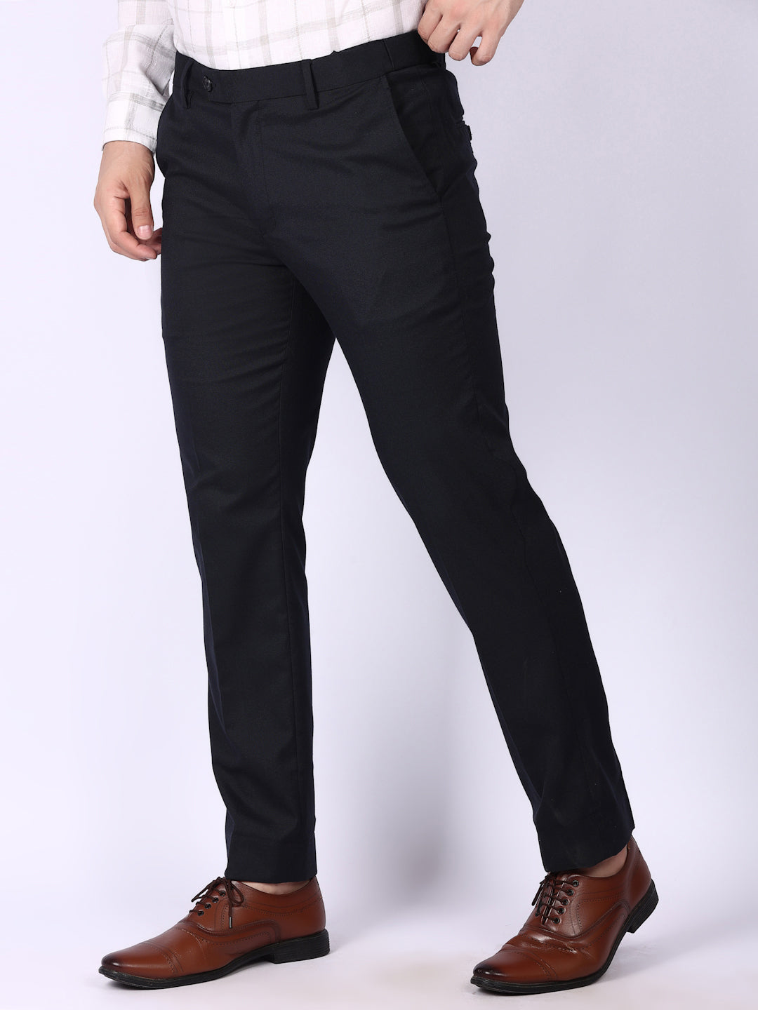 Navy Blue Solid Regular Fit Formal Trousers