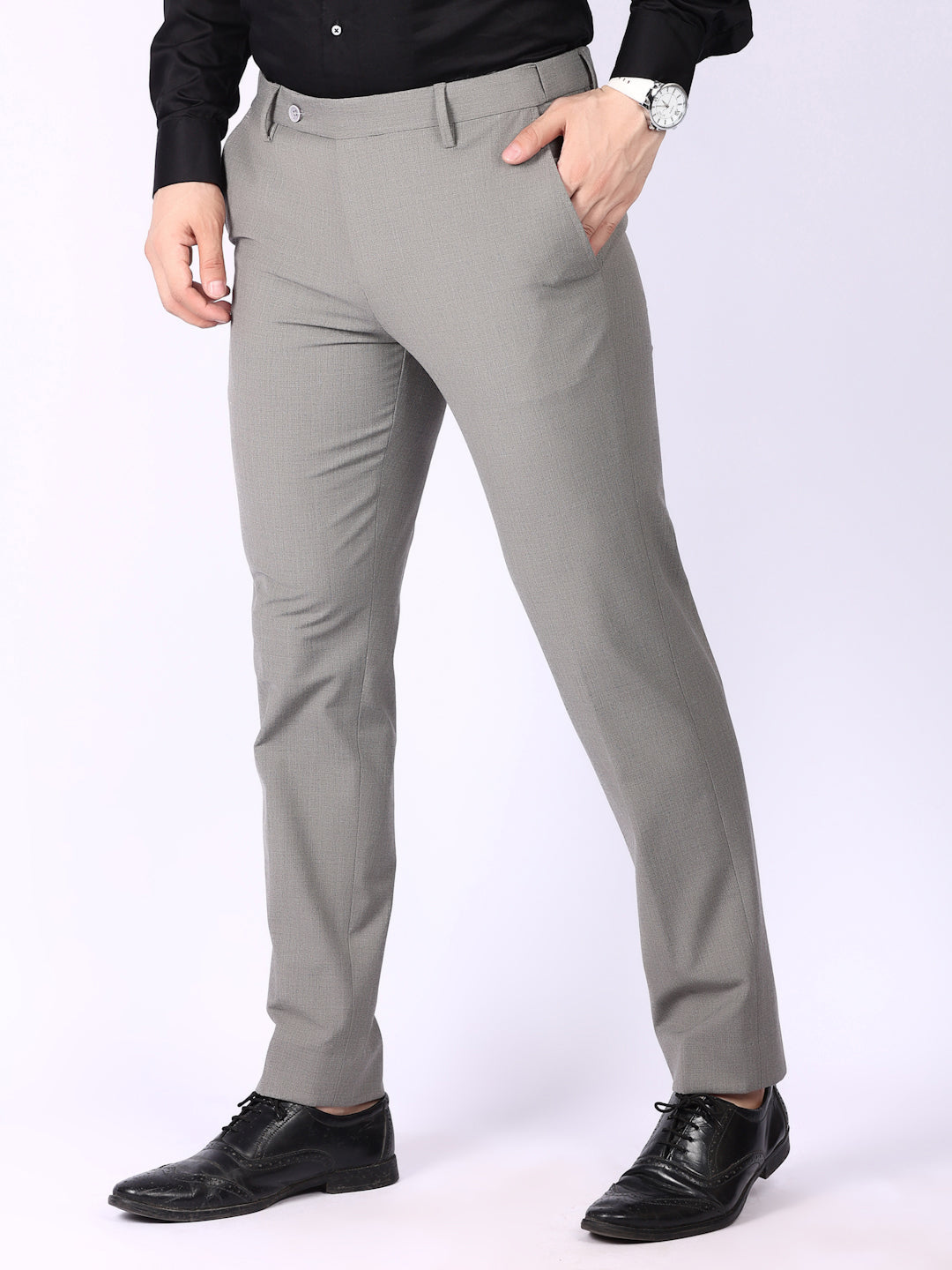 Light Grey Solid Regular Fit Formal Trousers