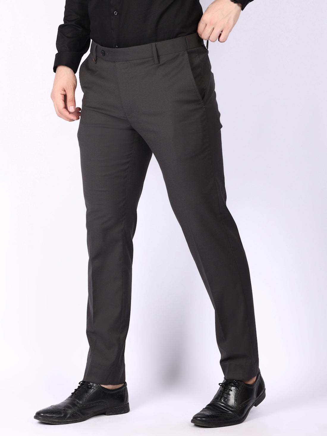 Dark Grey Solid Regular Fit Formal Trousers
