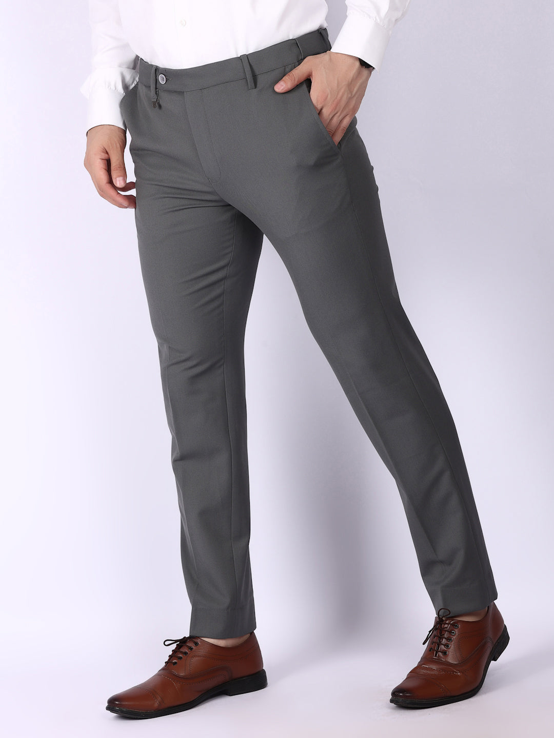 Medium Grey Solid Regular Fit Formal Trousers