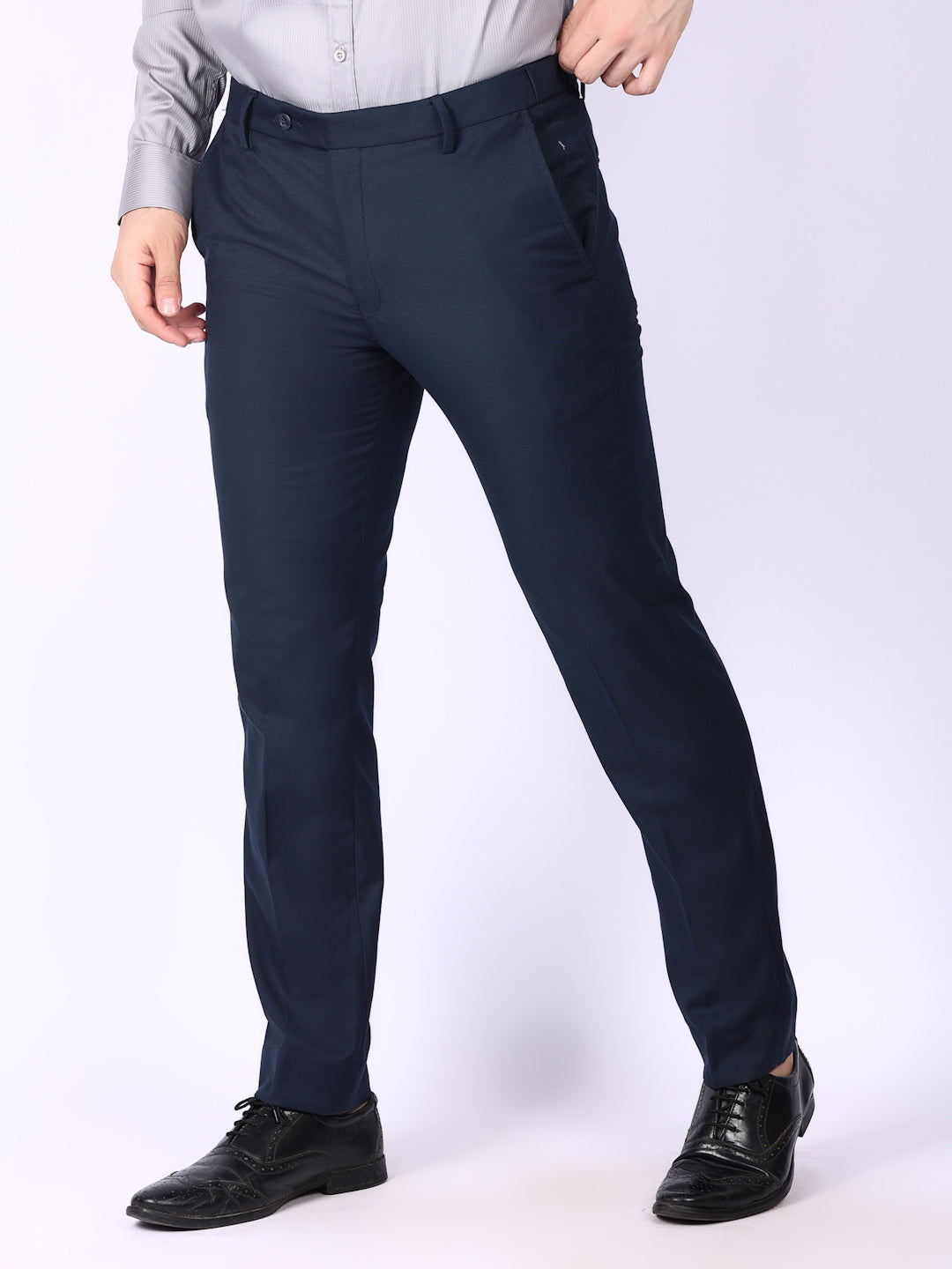Navy Blue Solid Regular Fit Formal Trousers