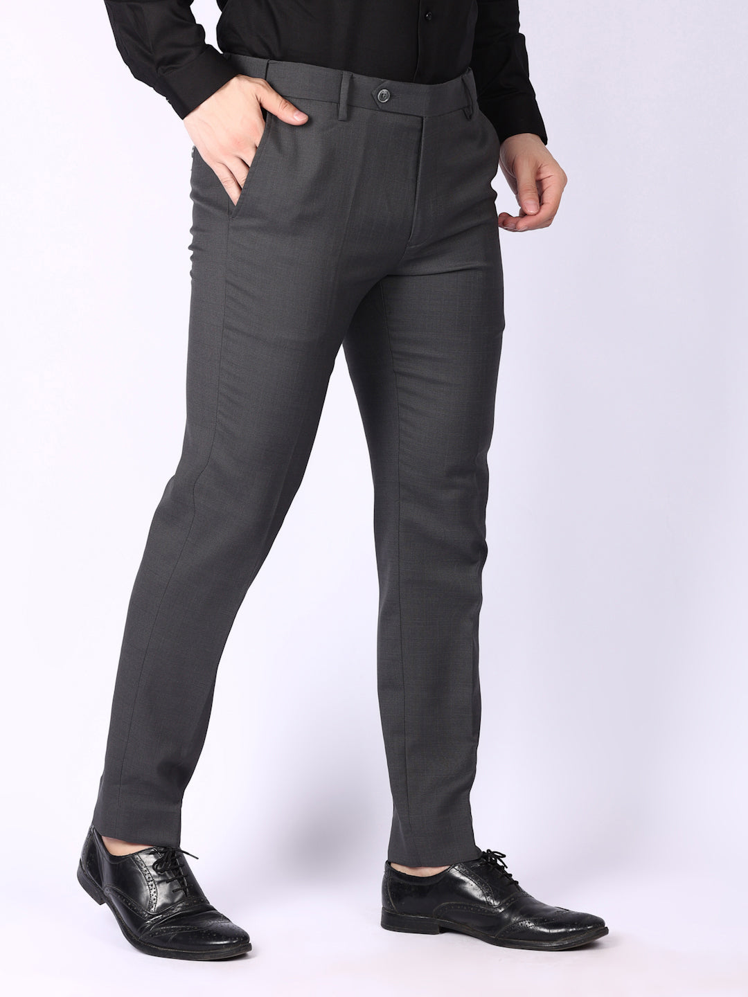 Dark Grey Solid Regular Fit Formal Trousers