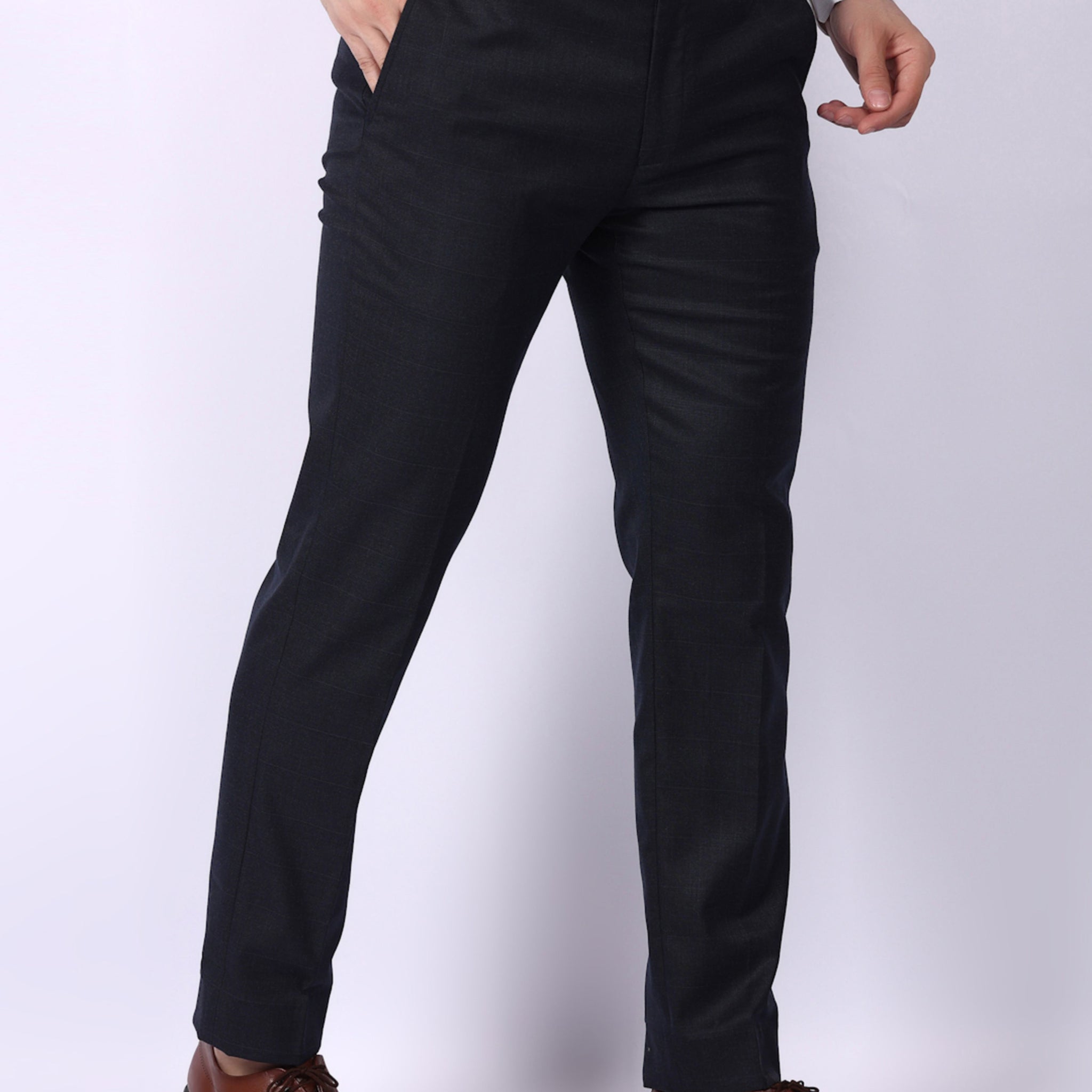 Navy Blue Solid Regular Fit Formal Trousers