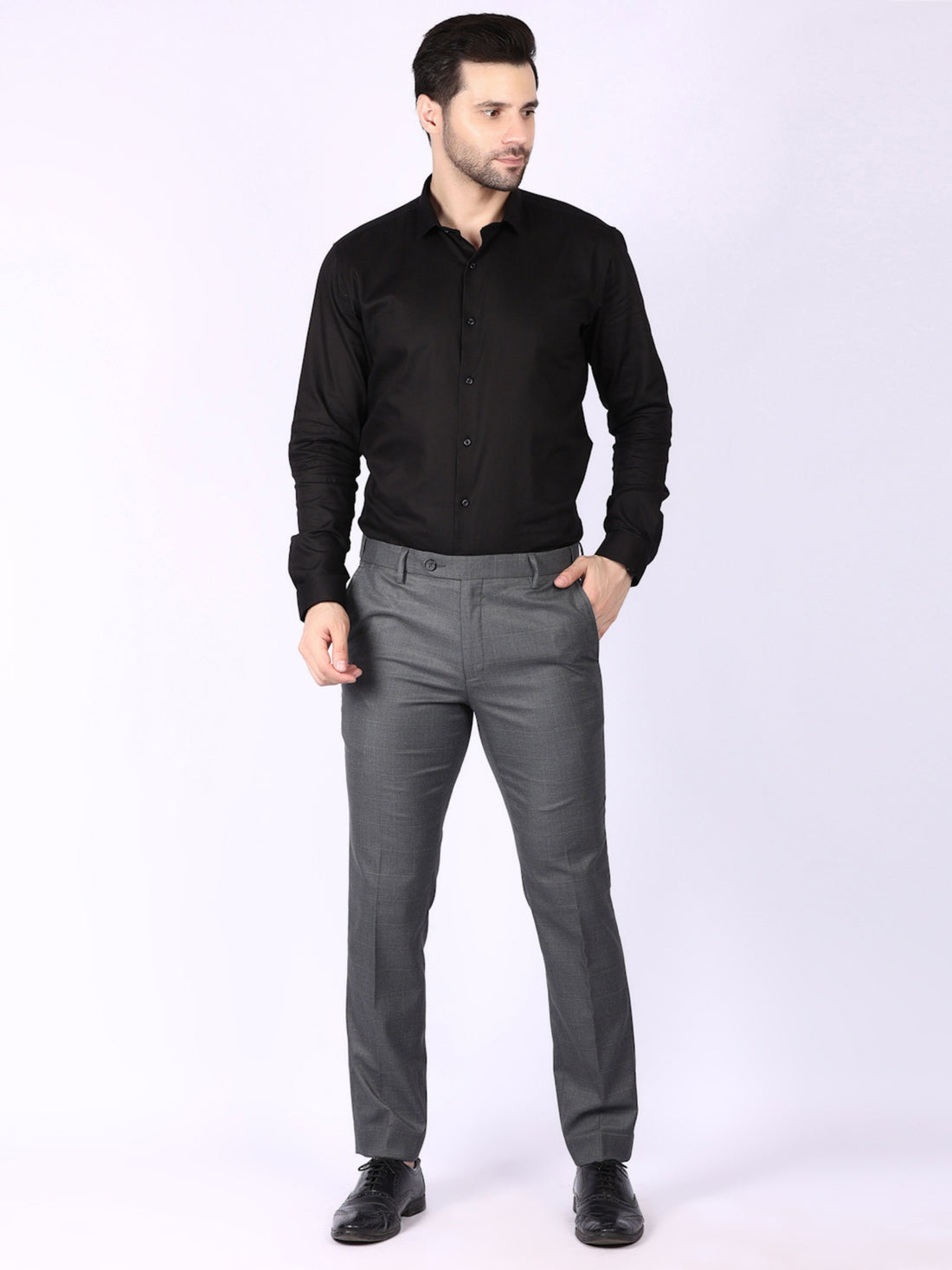 Dark Grey Solid Regular Fit Formal Trousers