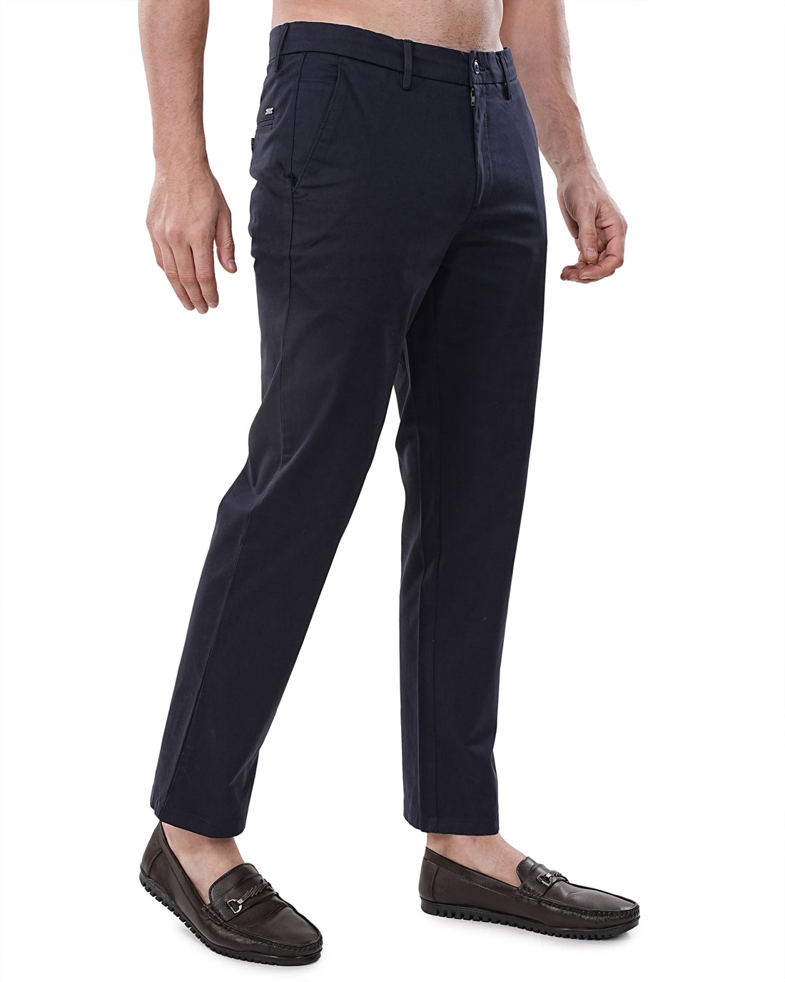 Men Navy Blue Solid Regular Fit Chinos