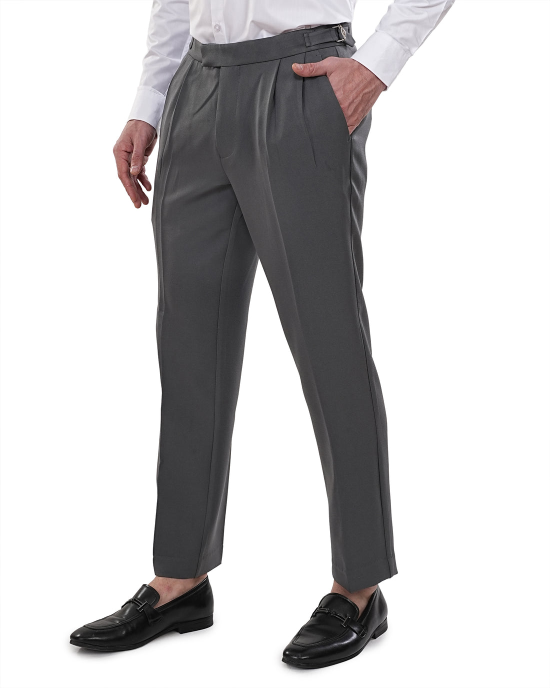 Men Dark Grey Solid Waistband Adjustable Korean Trousers