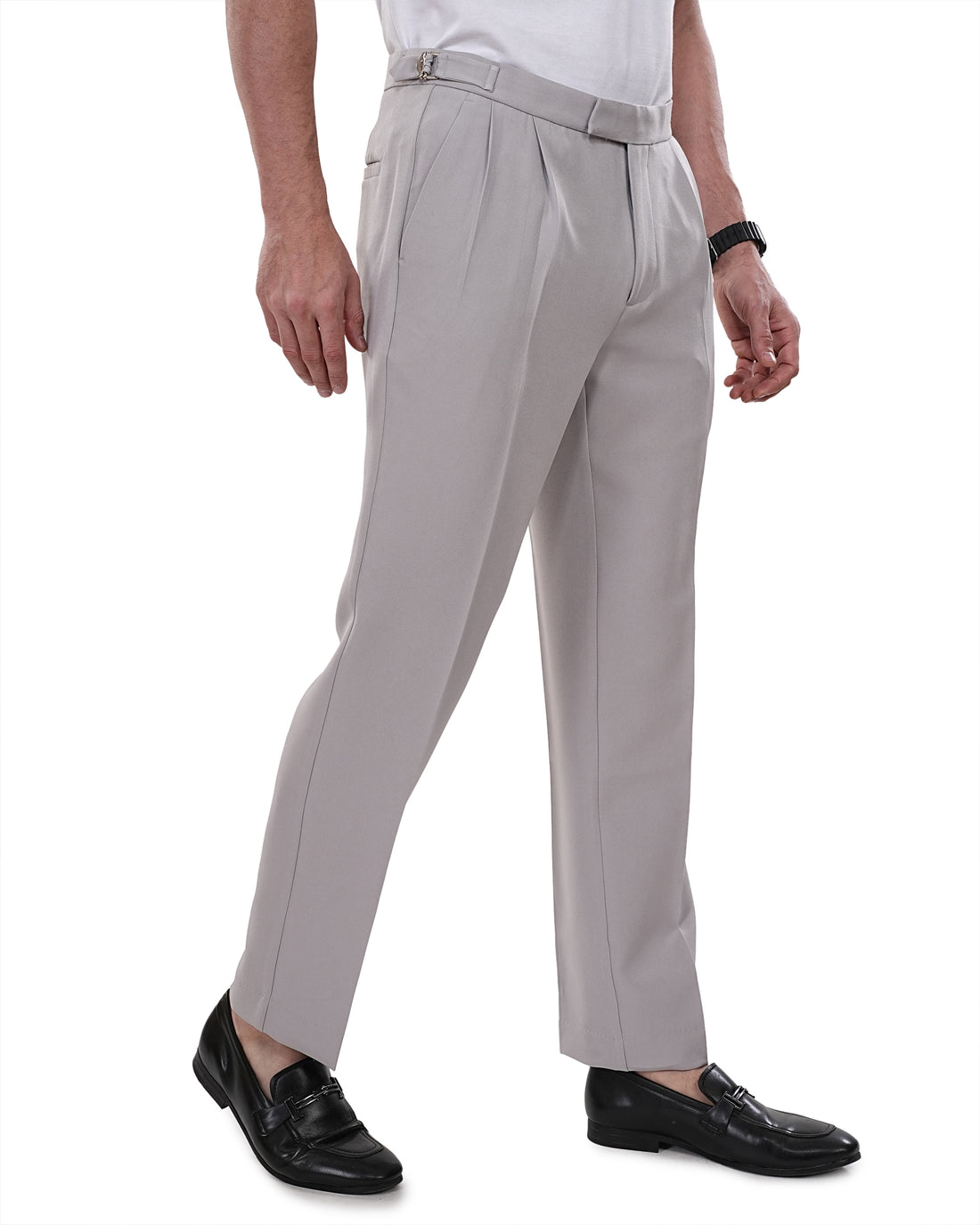 Men Light Grey Solid Waistband Adjustable Korean Trousers
