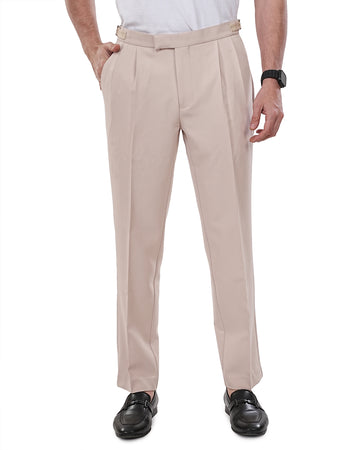 Men Beige Solid Waistband Adjustable Korean Trousers