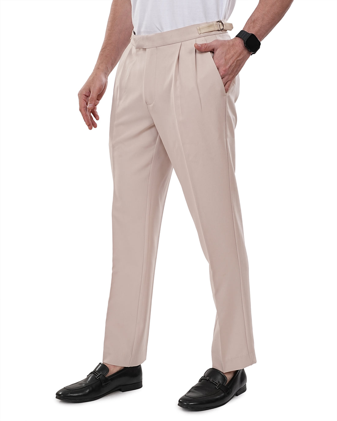 Men Beige Solid Waistband Adjustable Korean Trousers