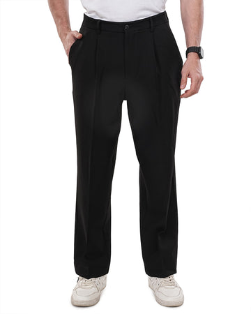 Men Black Solid Pleats Korean Trousers